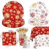 Christmas Snowflake Party Decorations Tableware,142pcs Red and White Snowflake Paper Plates and Napkins Tablecloth Cup Disposable Winter Plates for Xmas New Year Holiday Party Decorations