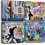 Biufo Banksy Canvas Wall Art Artwork Graffiti Street Print Pictures for Bedroom Living Room Wall Decor (12"x12"x4Pcs)