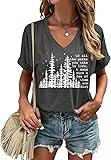 Hike Mountain Camping V Neck Shirt for Women Pine Tree Graphic Short Sleeve Tee Summer Adventure Awaits Nature Travel T Shirt(XL,Dark Grey-J)