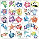 CHARLENT Glitter Hibiscus Temporary Tattoos for Aloha Party Decoration - 74 Individually Sheets Glitter Hawaii Flower Tattoos for Kids Women Hawaiian Party Favors
