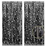 2 Pack 3.2ft x 8.2ft Black Tinsel Foil Fringe Curtains, Metallic Foil Tinsel Photo Booth Backdrop Streamer for New Years Decorations Halloween Bachelorette Birthday Holiday Celebration Party Supplies