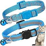 Bosose 2 Pack Cat Collar with Bells, Reflective Collars for Cats with Breakaway Safety Buckle, Nylon, 7-12 Inch Adjustable, Blue