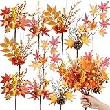 Noverlife 10PCS Artificial Fall Floral Picks, Autumn Pine Cones Branches Fall Maple Leaves Picks with Pumpkin, 13'' Fall Harvest Stems Sunflower Picks Craft for Thanksgiving Halloween Christmas Decor