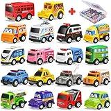 18 Pack Assorted Pull Back Car Toys for Kid with Storage Organizer Box, Mini Model Vehicle Set with Display Case for Child Toddler, Small Play Truck Bulk for Boy and Girl Party Favors, Birthday Gift