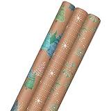 Hallmark Christmas Wrapping Paper Rolls, Brown Kraft Snowflakes, Blue and Green Foliage, Trees Gift Wrap (Pack of 3: 90 sq. ft. ttl.) for Holiday Parties, Winter Weddings, Birthdays