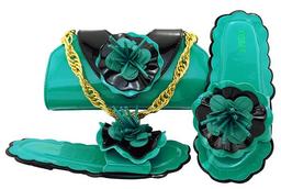 Nice looking teal low heel 0.5CM shoes with flower decoration african sandals match handbag set for dress MM1053