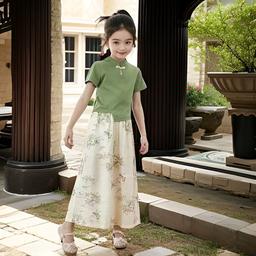 D308 Hot selling girls summer suit thin version medium and large children's national style suit new style button short sleeve children's two-piece suit