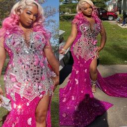 Fuchsia Mermaid Prom Dresses 2025 Crystals Beaded Florals Sequined Evening Formal Party Second Birthday Engagement Gowns Plus Size Dress For Special Occasions