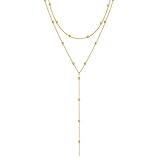 Foxgirl Dainty Long Gold Necklaces for Women, Trendy Lariat Y Necklace 14k Gold Plated Layered Beaded Drop Necklaces Simple Handmade Bar CZ Pendant Y-Shaped Chain Jewelry Gift Wedding