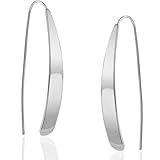 Silver Long Earrings for Women Dangling - 925 Sterling Silver Plated Drop Earrings for Women Dangle, Pull Through Threader Dangles, Teardrop Bar Thread Dangly Tear Drops, Dainty Minimalist Threaders