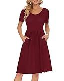 AUSELILY Women's Short Sleeve Empire Waist Dress Pleated Loose Swing Knee Length Dresses with Pockets 2025 New Wine Red M
