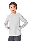 Boys Long Sleeve Athletic Shirts Kids Quick Dry Thumb Hole T-Shirts Tops with Pockets 4-14 Years Grey