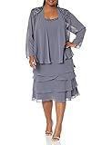 S.L. Fashions Women's Plus Mother of The Bride Tiered Jacket Dress with Shoulder Embellishment, Steel, 18