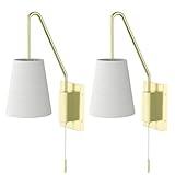 Laite Lumens Set of 2 Wall Sconce with Pull Chain Switch, Bedside Wall Hardwired Reading Lamps with Adjustable Sloped Arm and Fabric Linen Shade (Brushed Gold)
