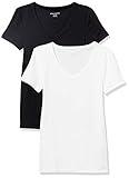 Amazon Essentials Women's Slim-Fit Short-Sleeve V-Neck T-Shirt, Pack of 2, Black/White, Medium