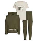 AEROPOSTALE Boys 3 Piece Outfit Set - Fleece Pullover Hoodie, Cargo Sweatpants, T-Shirt, Boys Activewear Set, Sizes 4-15 Green