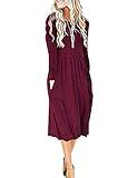 MISFAY Women's Long Sleeve Midi Dress Loose Casual Empire Waist Dresses with Pockets(Wine Red,XL)