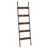 HOOBRO Blanket Ladder, 5-Tier Towel Rack with Hooks, Wall-Leaning Blanket Rack, Decorative Display Ladder Shelf, for Scarves, Industrial, Living Room, Bedroom, Rustic Brown and Black BF52CJ01