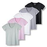 Real Essentials 5 Pack: Women's Dry Fit Short Sleeve V Neck Workout Top - Fitness Pilates Gym Athletic Yoga T-Shirt (Plus Available), Set 9, L