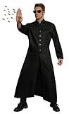 Mainfini Tech Savvy Halloween Outfit for Men Black Duster Style Coat and Signature Glasses Digital Age Warrior Full Cosplay Costume L