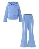 SODLON Girls Clothes Size 5 6 Kids Winter Hoodies 2 Piece Outfits Long Sleeve Ruched Sweatshirts Bell Bottom Sweatpants Fashion Sweatsuit Tracksuit Workout Set Fall Little Girl Clothing Blue