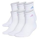 adidas Women's Ankle Socks, Athletic Cushioned Quarter Fit, 6-Pack, Durable, Comfortable, Cooling, with Compression, White/Clear Sky Blue/Bliss Lilac Purple, M