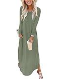 ANRABESS Women's Long Sleeve Maxi Dresses 2025 Fall Outfits Casual Loose Split Travel Vacation T Shirt Dress with Pockets Sage Green Large