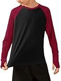 Boys Athletic Long Sleeve Raglan T-Shirts Kids Quick Dry Colorblock Tops with Thumb Holes Red