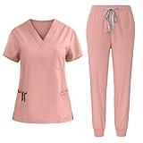 YRAETENM Scrubs for Women Set Medical Scrub Tops and Drawstring Pants Soft Nursing Uniform Scrubs Set Solid Stretch Workwear