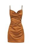ZAFUL Women's Satin Sleeveless Spaghetti Strap Mini Dress Sexy Slip Cowl Neck Silky Cocktail Party Dresses(Brick Brown-F, M)