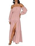 ZESICA Women's 2025 Boho Sexy Off Shoulder Long Sleeve Smocked High Waist Side Split Flowy A Line Tiered Long Maxi Dress,Pink,Medium