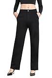 Balleay Art Women Straight Leg Dress Pants High Elastic Waisted Slacks Business Casual Work Office Trousers 29" Black Medium