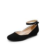 DREAM PAIRS Women's Dress Flats Ballet Low Wedge Round Toe Ankle Strap Comfortable Casual Flats Shoes,Size 8.5,Black/Nubuck,REVONA