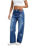 Wanduyini Women's Rhinestone Embellished Straight Leg Jeans Star Sparkling Denim Pants for Parties Night Out Casual Glam (Mid Blue,M)