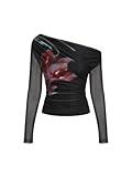 CIDER One Shoulder Going Out Top Sheer Mesh Floral Print Long Sleeve Y2k Blouse