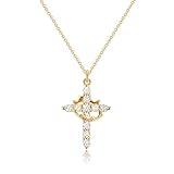Robaice Gold Cross Necklace for Women 14K Gold Plated Crown Cross Pendant Necklace Simple Cubic Zirconia Cross Necklaces Faith Jewelry First Communion Necklace, Gold