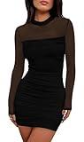 WIHOLL Women's Mesh Sheer Long Sleeve Ruched Mini Dress Sexy Bodycon Little Short Mock Neck Holiday Cocktail New Years Eve Party Club Fall Dresses for Women 2025 Plus Size Black XL