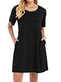 elescat Sundress for Women Casual Loose Summer Short Sleeve Pleated Front Crew Neck T Shirt Dress with Pockets(Black, S
