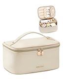 Prite Makeup Bag Portable Cosmetic Organizer with Brush Holder Waterproof Travel Toiletry Bag for Women with Handle and Divider (Beige)