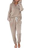WIHOLL 2 Piece Outfits for Women Pants Set, Sweatsuits for Women Set Petite Beige L