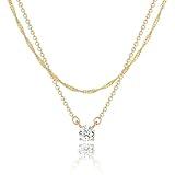 Tewiky Dainty Layered 14K Gold Plated Cubic Zirconia Necklace for Women, Simple Solitaire Pendant Chain Choker Necklaces Set Cute CZ Trendys Gold Jewelry Gift