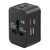 Travel Adapter USB C, Universal All in One Worldwide Travel Adapter Fast Charge GaN PD3.0 Type C USB-A Quick Charging Ports Power Converters Wall Charger AC Power Plug Adapter for USA EU UK AUS Black