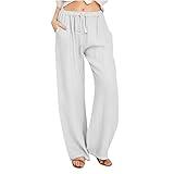 FOCLMP Women Trendy Linen Pants 2024 Wide Leg Causal Pants Flowy Palazzo Pants Boho Summer Vacation Outfits with Pockets Hiking Pants Women Lightweight Petite White 2X