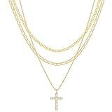 Pancert Cross Necklace for Women,Stackable Stacked Stacking Layering Layered Necklaces Dainty Gold Necklace Paperclip Box Flat Mariner Chain Necklace Cross Pendant CZ Diamond Simple Jewelry Gift