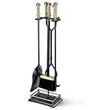 FEED GARDEN Fireplace Tools Set 5 Pieces Modern 30 Inch Outdoor Wrought Iron Fireplace Elegant Brass Handles Accessories Set with Poker, Tongs, Shovel, Brush, Base