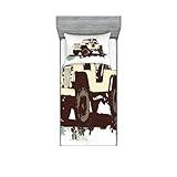 Lunarable Grunge Fitted Sheet & Pillow Sham Set, Retro Pop Art Style Vintage Car on The Road Adventure Graphic Design, Decorative Printed 2 Piece Bedding Decor Set, Twin, Brown Cream