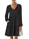 ANRABESS Womens Long Sleeve Dress 2025 Fall Casual V Neck Tiered Flowy Short Dresses Beach Travel Vacation Outfits Black Large