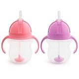 Munchkin Any Angle Sippy Cups for Toddlers, Spill Proof Weighted Straw Cup with Transition Handles for Babies 6 Months and Up, 7 Ounce, 2 Pack, Pink/Purple