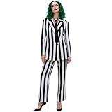 Halloween Women's Black and White Striped Suit with Open Front Striped Blazer, Length Pants and Tie for Women XL