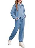 blibean Teen Girls Clothes Fall Half Zipper School Outfits Kids Girl Long Sleeve Matching Sweat Suit Athletic Jogger Jogging Collar Pullover Fashion Pullover Tops Pants Sets Size 14-15 Years Old Blue